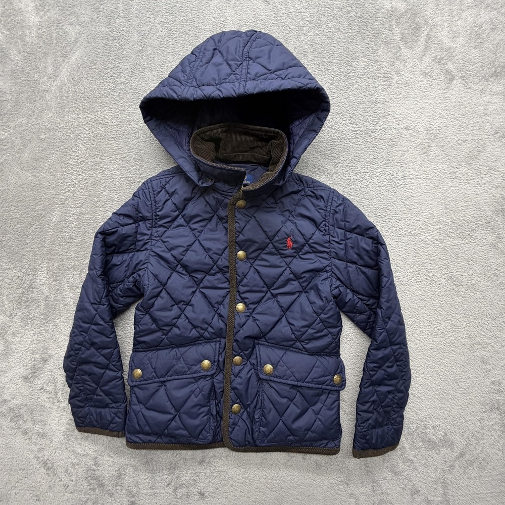 Polo Ralph Lauren Jacket Youth 10-12 Blue Quilted Hooded Taffeta Polyester Logo